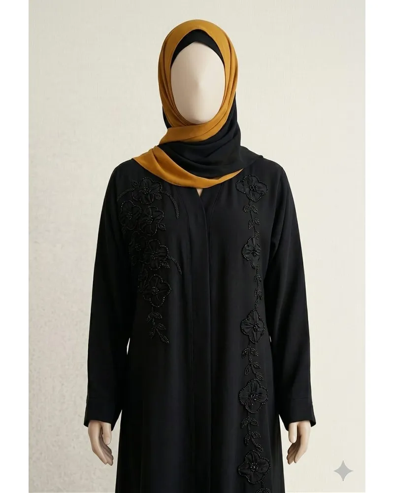 AZ 209-Black Crystal & Tissue Work Abaya - Image 2